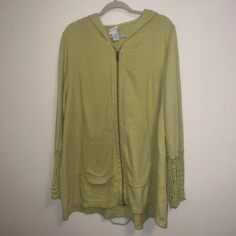 Soft Surroundings Green Crochet Trim Long Sleeve Zip Front Hooded Jacket Sz 1x